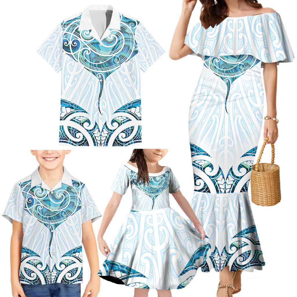 New Zealand Manta Ray Tattoo Family Matching Mermaid Dress and Hawaiian Shirt Aotearoa Maori Haehae Paua Shell LT14 - Polynesian Pride