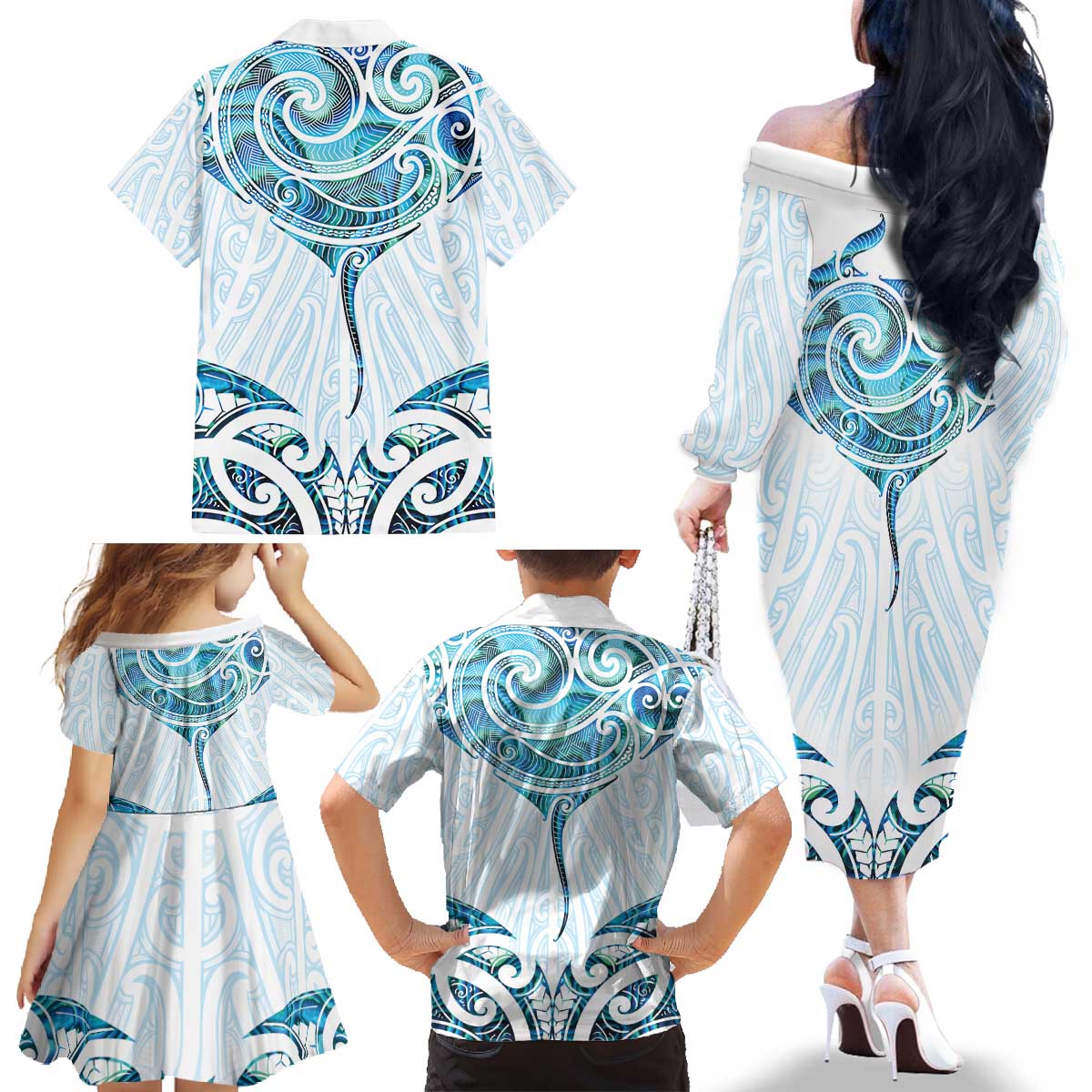 New Zealand Manta Ray Tattoo Family Matching Off The Shoulder Long Sleeve Dress and Hawaiian Shirt Aotearoa Maori Haehae Paua Shell - Polynesian Pride
