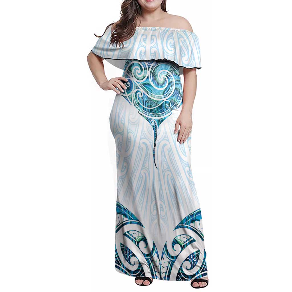 New Zealand Manta Ray Tattoo Family Matching Off Shoulder Maxi Dress and Hawaiian Shirt Aotearoa Maori Haehae Paua Shell LT14 Mom's Dress White - Polynesian Pride