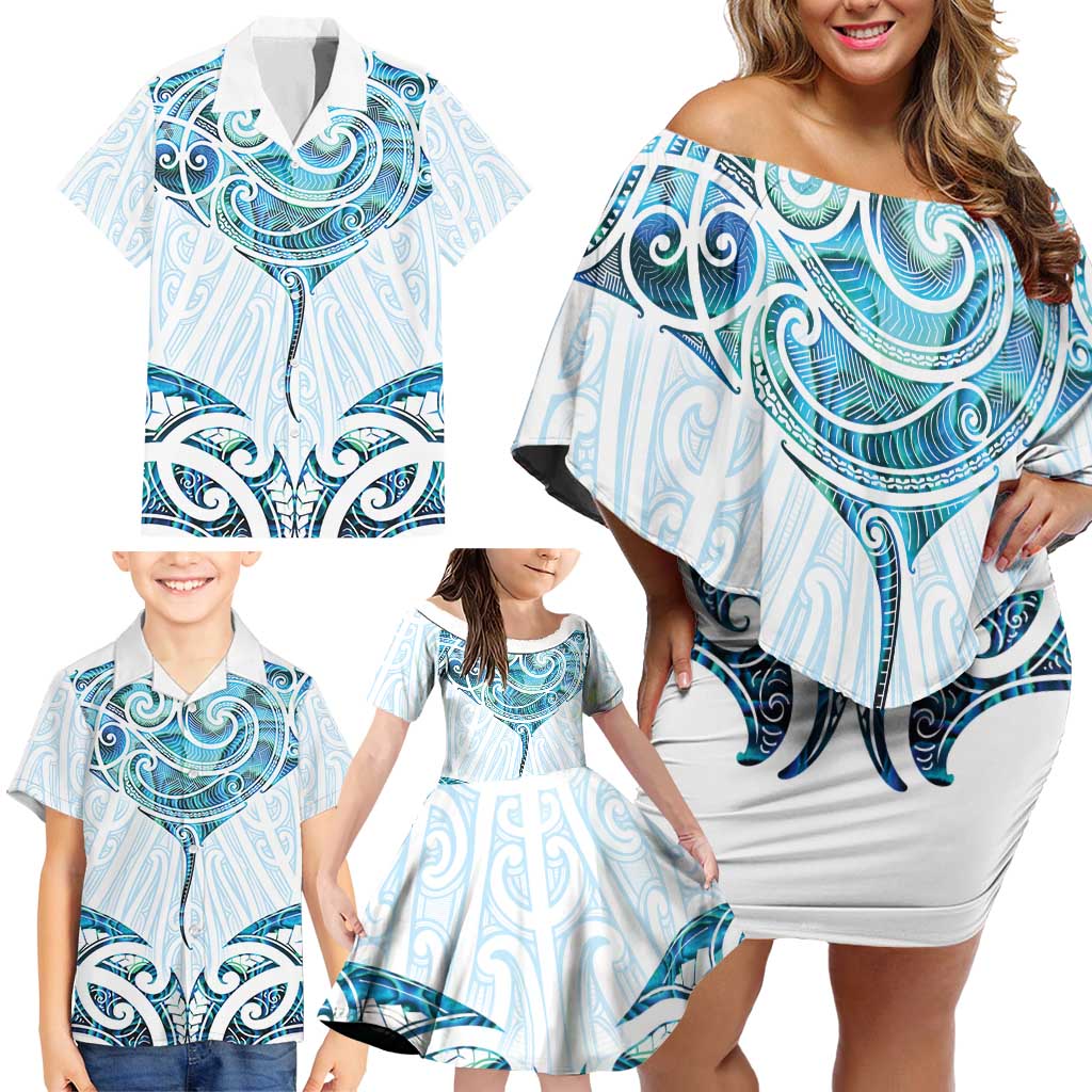 New Zealand Manta Ray Tattoo Family Matching Off Shoulder Short Dress and Hawaiian Shirt Aotearoa Maori Haehae Paua Shell - Polynesian Pride