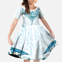 New Zealand Manta Ray Tattoo Family Matching Puletasi and Hawaiian Shirt Aotearoa Maori Haehae Paua Shell LT14 Daughter's Dress White - Polynesian Pride