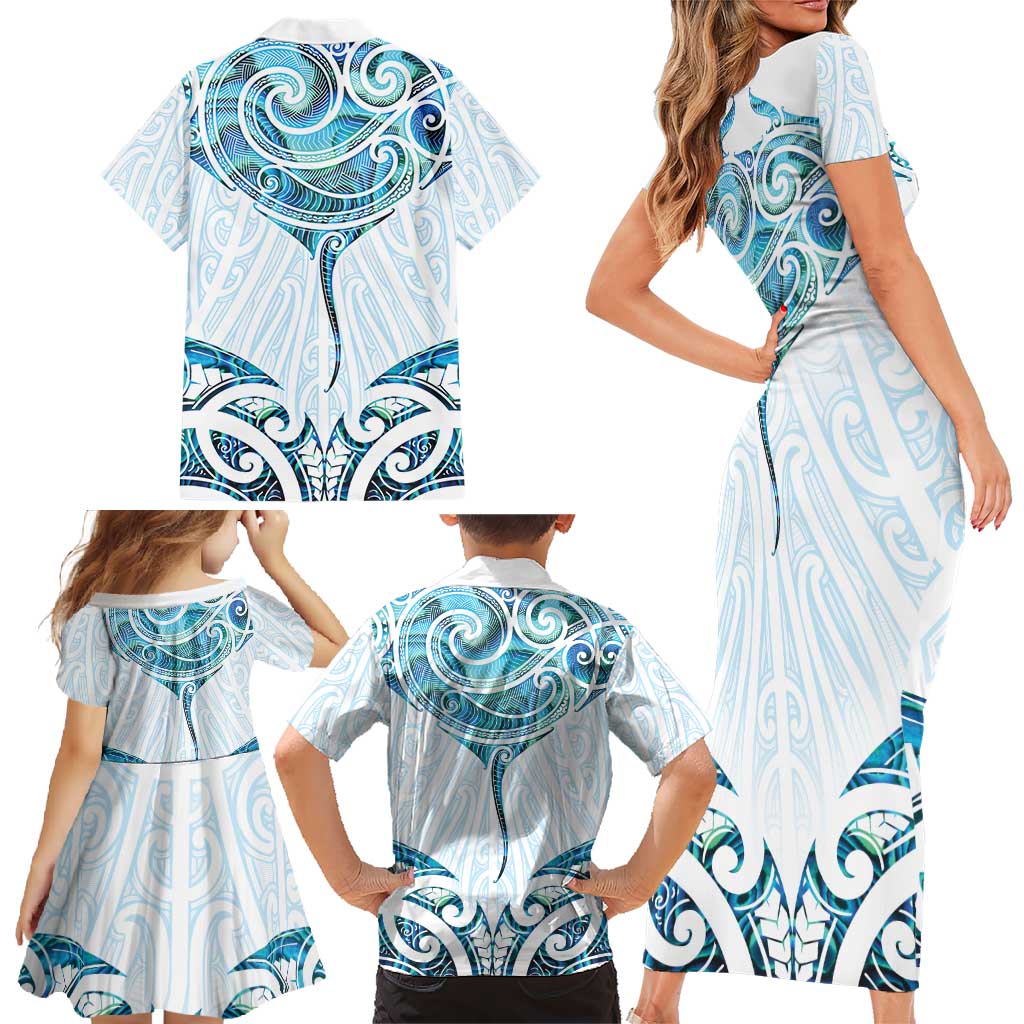 New Zealand Manta Ray Tattoo Family Matching Short Sleeve Bodycon Dress and Hawaiian Shirt Aotearoa Maori Haehae Paua Shell LT14 - Polynesian Pride
