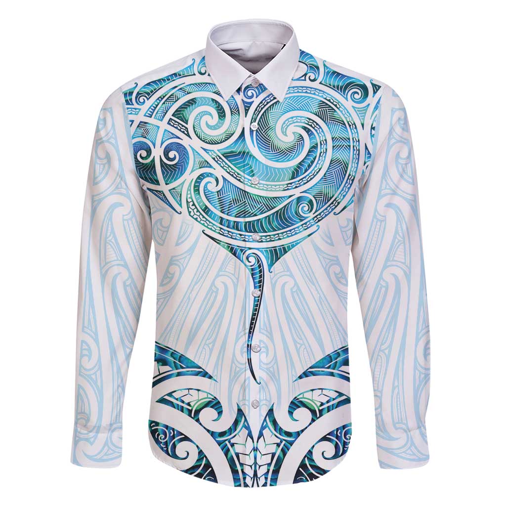 New Zealand Manta Ray Tattoo Family Matching Summer Maxi Dress and Hawaiian Shirt Aotearoa Maori Haehae Paua Shell LT14 Dad's Shirt - Long Sleeve White - Polynesian Pride