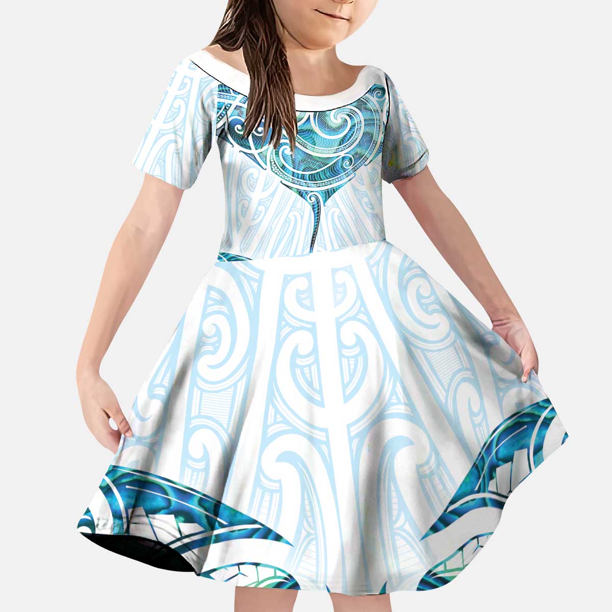 New Zealand Manta Ray Tattoo Kid Short Sleeve Dress Aotearoa Maori Haehae Paua Shell - Polynesian Pride