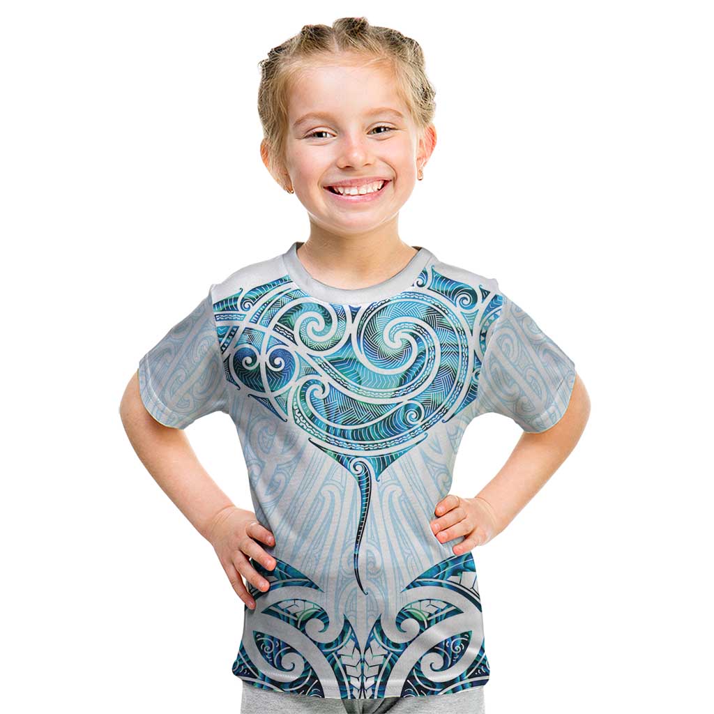 New Zealand Manta Ray Tattoo Kid T Shirt Aotearoa Maori Haehae Paua Shell LT14 White - Polynesian Pride