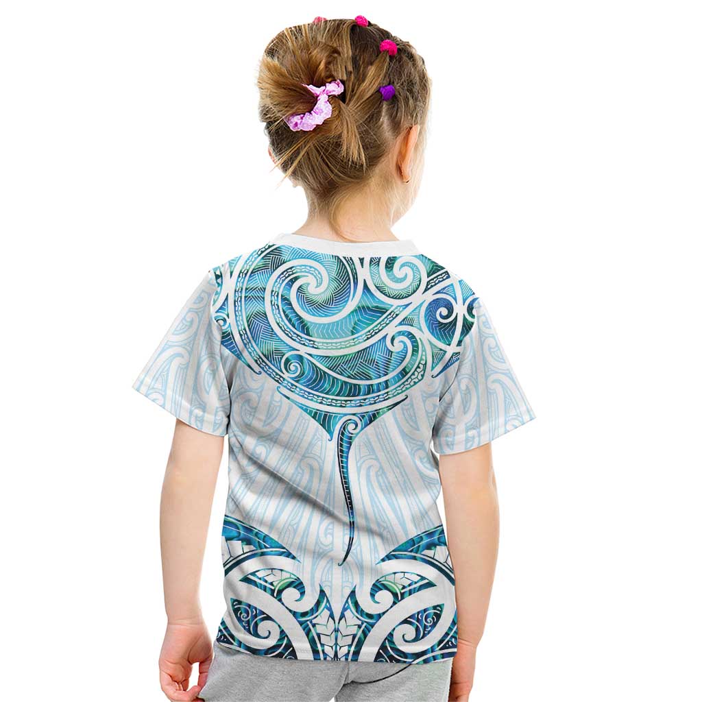 New Zealand Manta Ray Tattoo Kid T Shirt Aotearoa Maori Haehae Paua Shell LT14 - Polynesian Pride