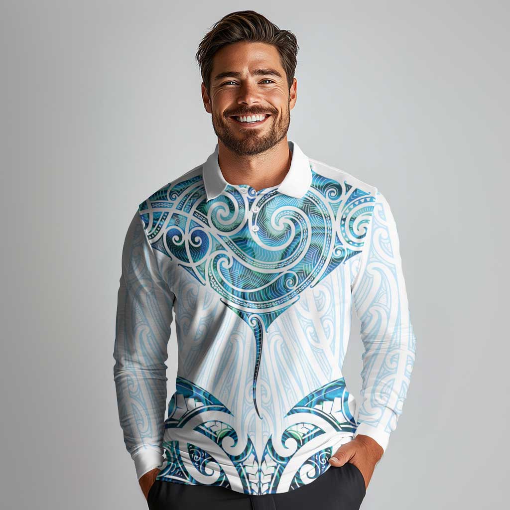 New Zealand Manta Ray Tattoo Long Sleeve Polo Shirt Aotearoa Maori Haehae Paua Shell - Polynesian Pride