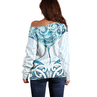 New Zealand Manta Ray Tattoo Off Shoulder Sweater Aotearoa Maori Haehae Paua Shell - Polynesian Pride