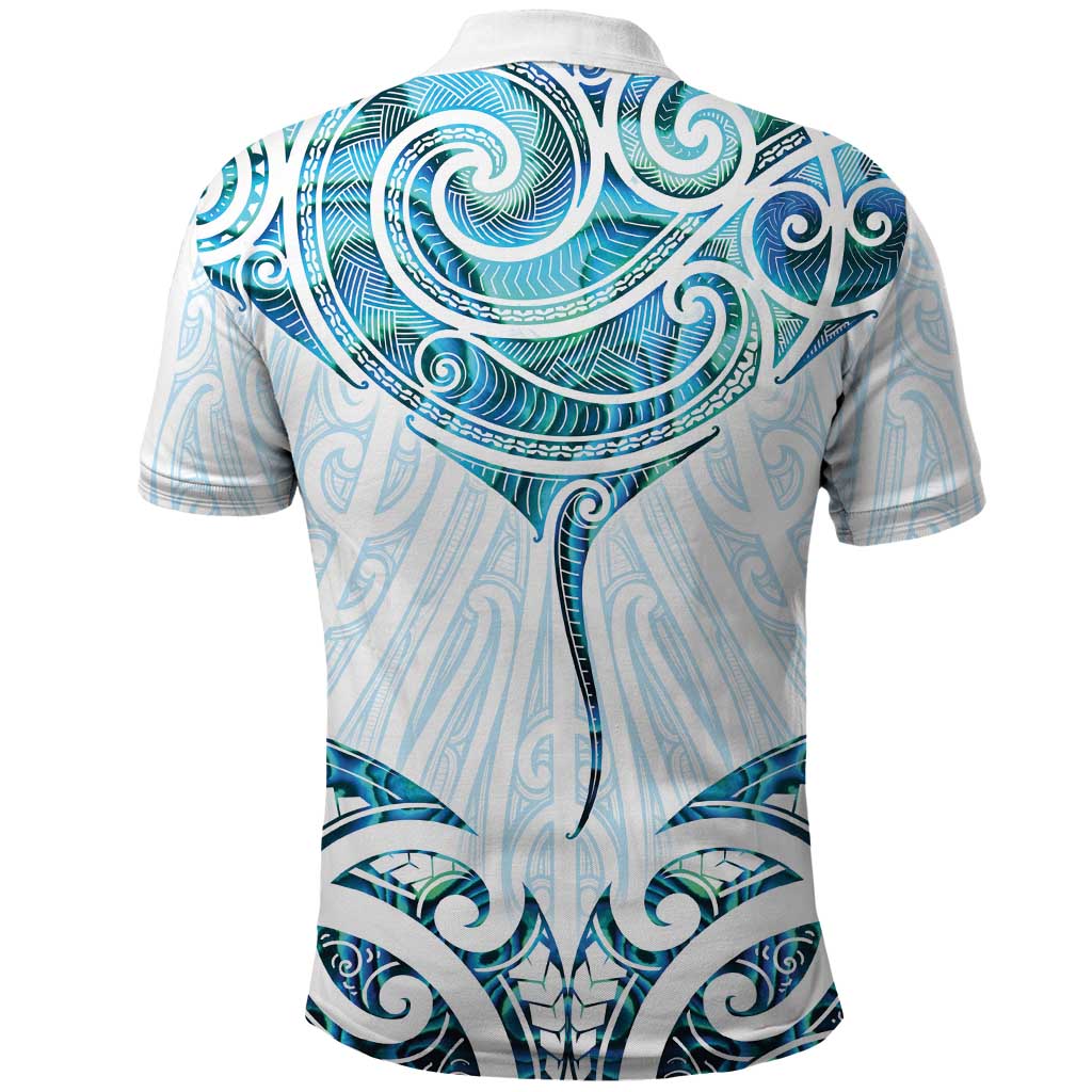 New Zealand Manta Ray Tattoo Polo Shirt Aotearoa Maori Haehae Paua Shell - Polynesian Pride