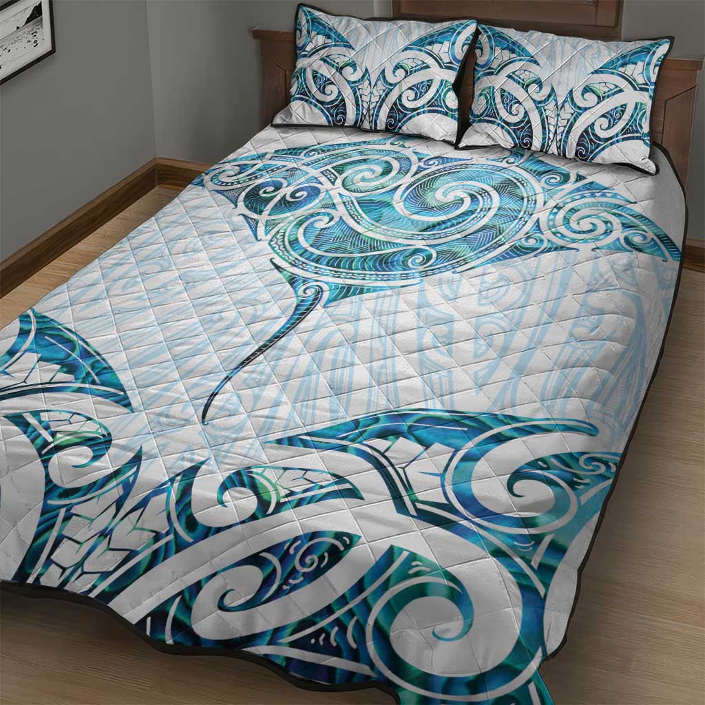 New Zealand Manta Ray Tattoo Quilt Bed Set Aotearoa Maori Haehae Paua Shell - Polynesian Pride