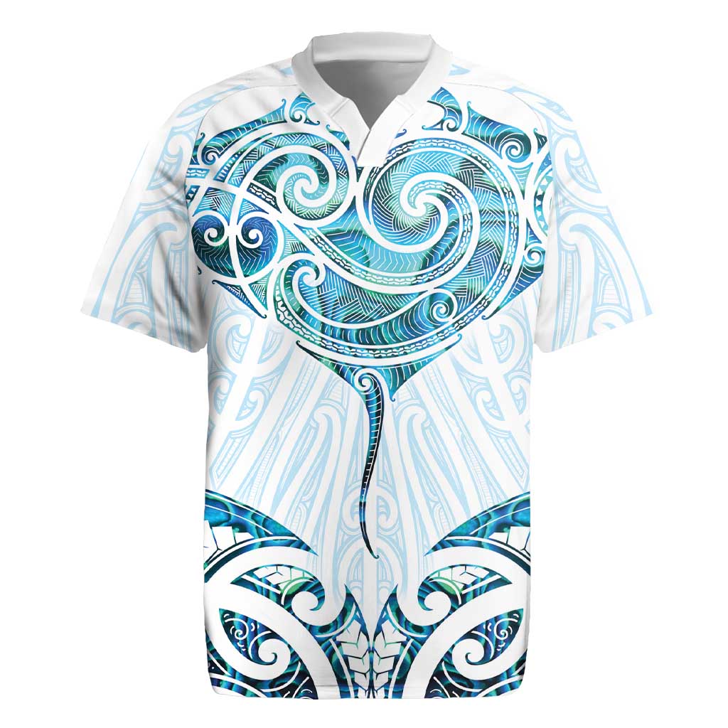 New Zealand Manta Ray Tattoo Rugby Jersey Aotearoa Maori Haehae Paua Shell - Polynesian Pride