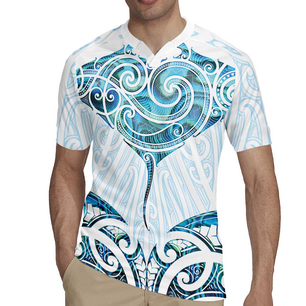 New Zealand Manta Ray Tattoo Rugby Jersey Aotearoa Maori Haehae Paua Shell - Polynesian Pride