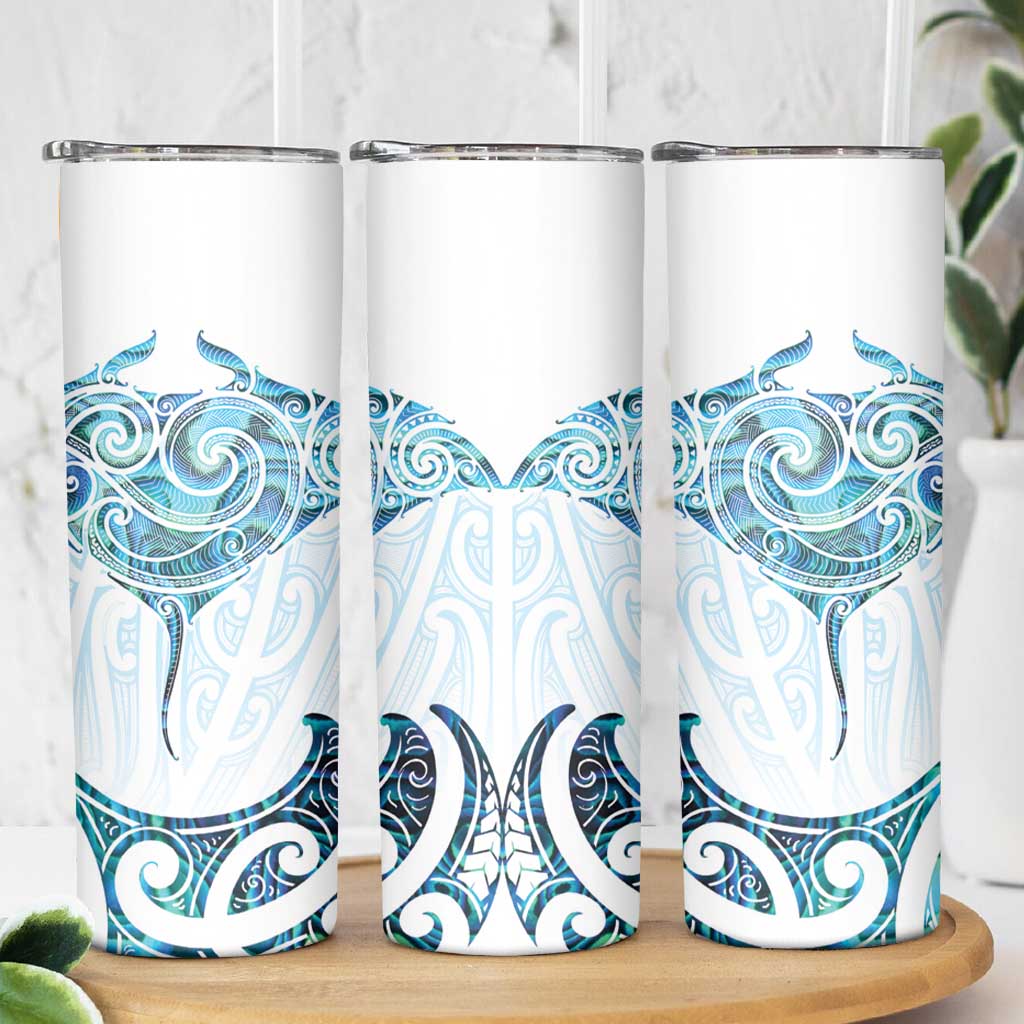 New Zealand Manta Ray Tattoo Skinny Tumbler Aotearoa Maori Haehae Paua Shell - Polynesian Pride