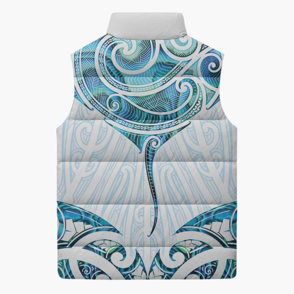 New Zealand Manta Ray Tattoo Sleeveless Puffer Jacket Aotearoa Maori Haehae Paua Shell - Polynesian Pride