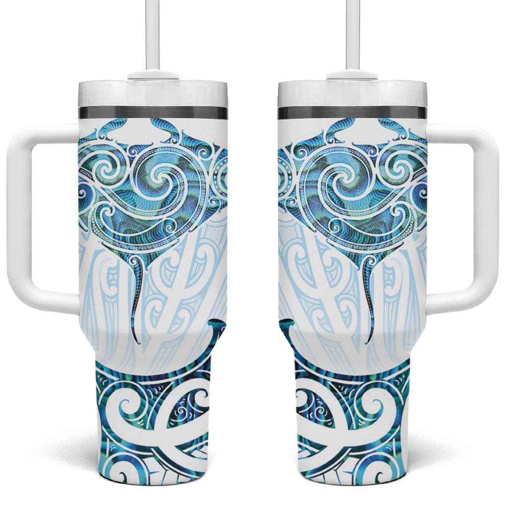 New Zealand Manta Ray Tattoo Tumbler With Handle Aotearoa Maori Haehae Paua Shell LT14 One Size: 40 oz White - Polynesian Pride