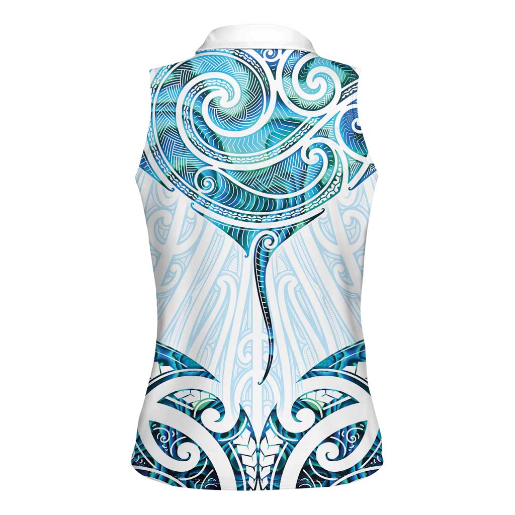 New Zealand Manta Ray Tattoo Women Sleeveless Polo Shirt Aotearoa Maori Haehae Paua Shell - Polynesian Pride