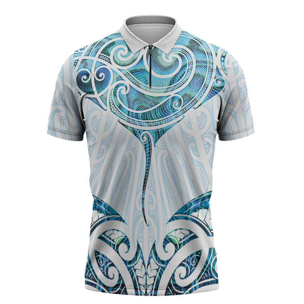 New Zealand Manta Ray Tattoo Zipper Polo Shirt Aotearoa Maori Haehae Paua Shell - Polynesian Pride