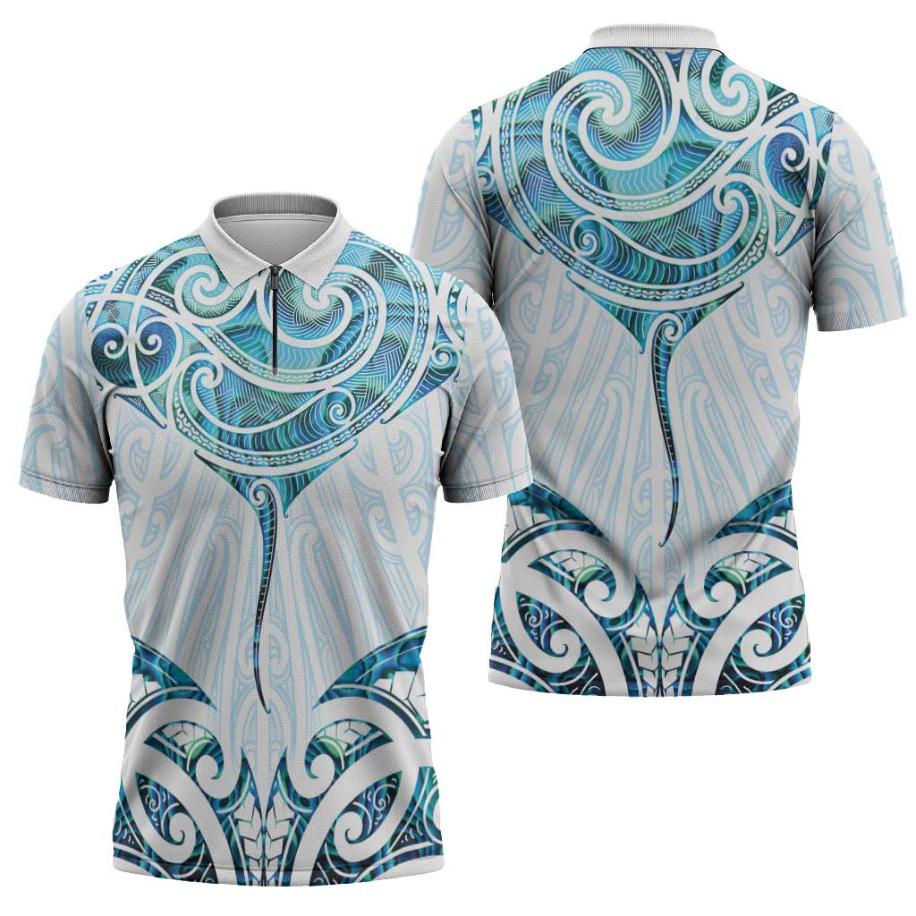 New Zealand Manta Ray Tattoo Zipper Polo Shirt Aotearoa Maori Haehae Paua Shell - Polynesian Pride
