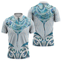 New Zealand Manta Ray Tattoo Zipper Polo Shirt Aotearoa Maori Haehae Paua Shell - Polynesian Pride