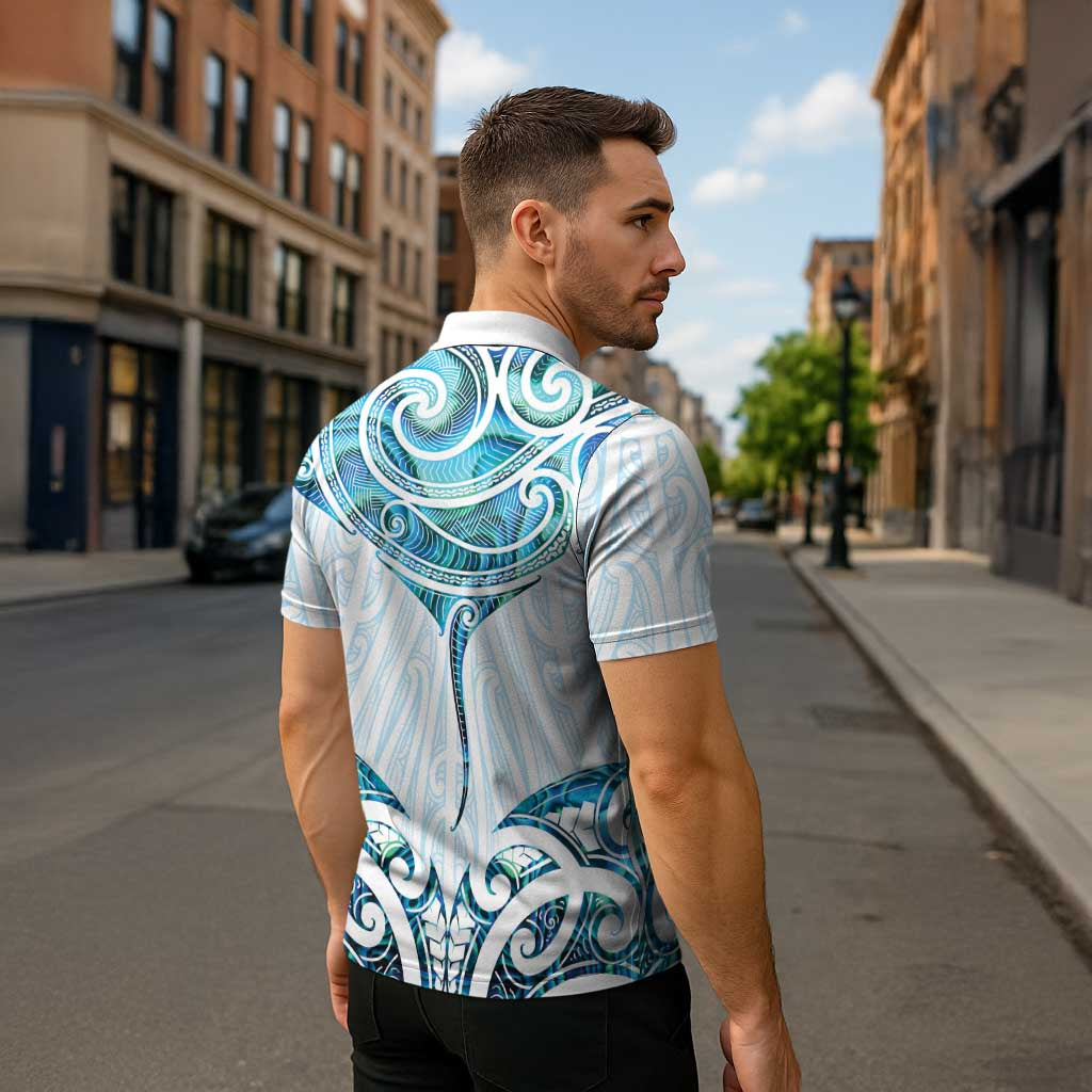 New Zealand Manta Ray Tattoo Zipper Polo Shirt Aotearoa Maori Haehae Paua Shell - Polynesian Pride