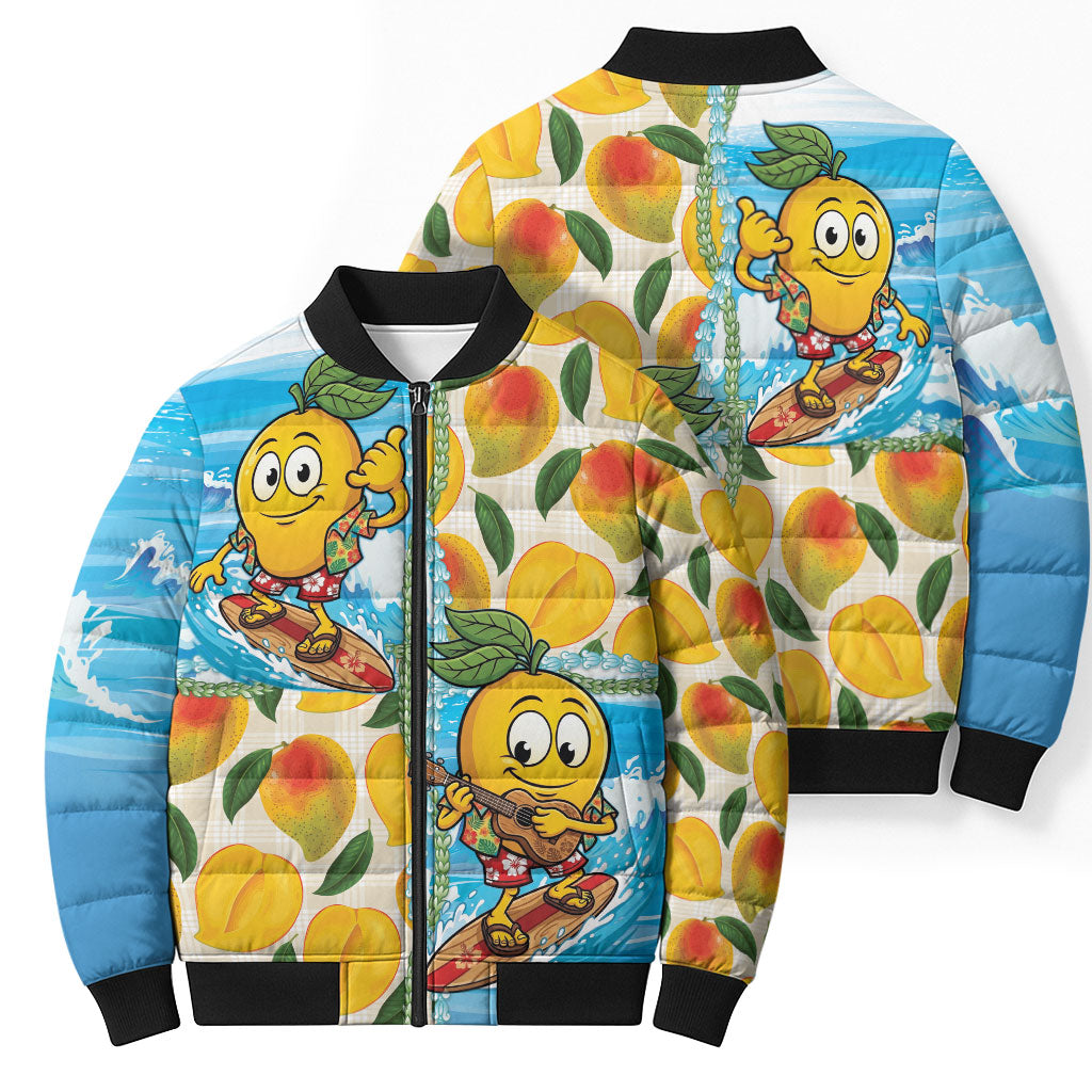 Aloha Hawaii Summer Bomber Puffer Jacket Hawaiian Lei Surfing Mango Palaka Motifs