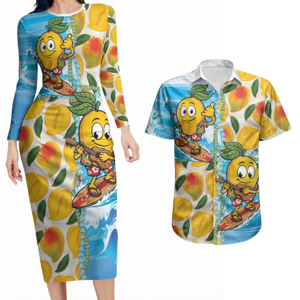 Aloha Hawaii Summer Couples Matching Long Sleeve Bodycon Dress and Hawaiian Shirt Hawaiian Lei Surfing Mango Palaka Motifs LT14 Blue - Polynesian Pride
