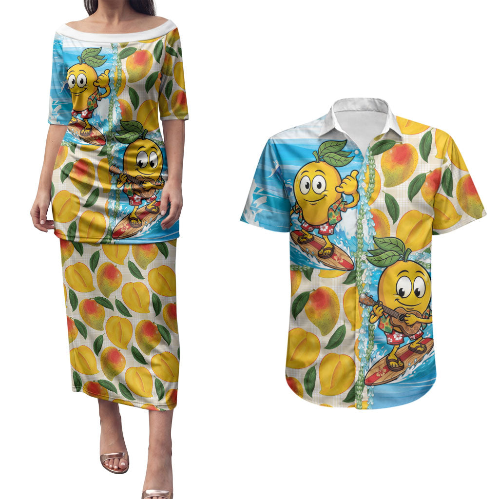 Aloha Hawaii Summer Couples Matching Puletasi and Hawaiian Shirt Hawaiian Lei Surfing Mango Palaka Motifs LT14 Blue - Polynesian Pride