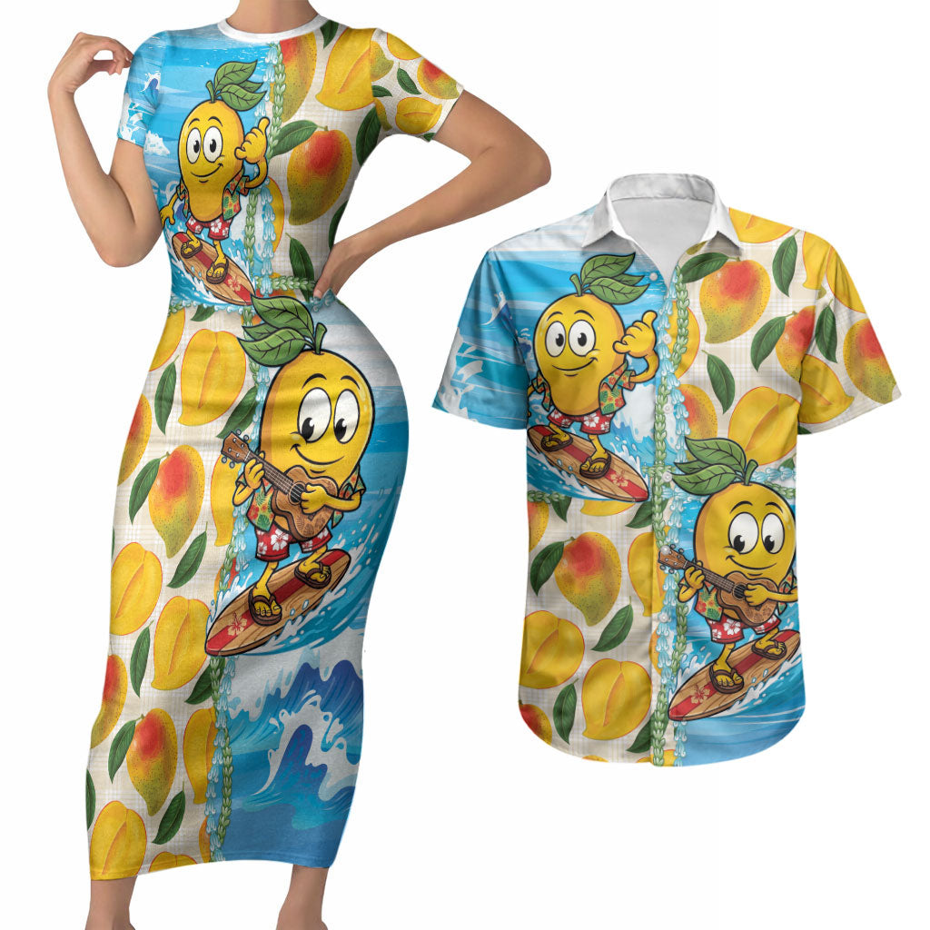 Aloha Hawaii Summer Couples Matching Short Sleeve Bodycon Dress and Hawaiian Shirt Hawaiian Lei Surfing Mango Palaka Motifs LT14 Blue - Polynesian Pride