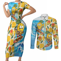 Aloha Hawaii Summer Couples Matching Short Sleeve Bodycon Dress and Long Sleeve Button Shirt Hawaiian Lei Surfing Mango Palaka Motifs