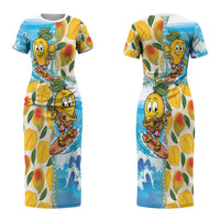 Aloha Hawaii Summer Couples Matching Short Sleeve Bodycon Dress and Long Sleeve Button Shirt Hawaiian Lei Surfing Mango Palaka Motifs