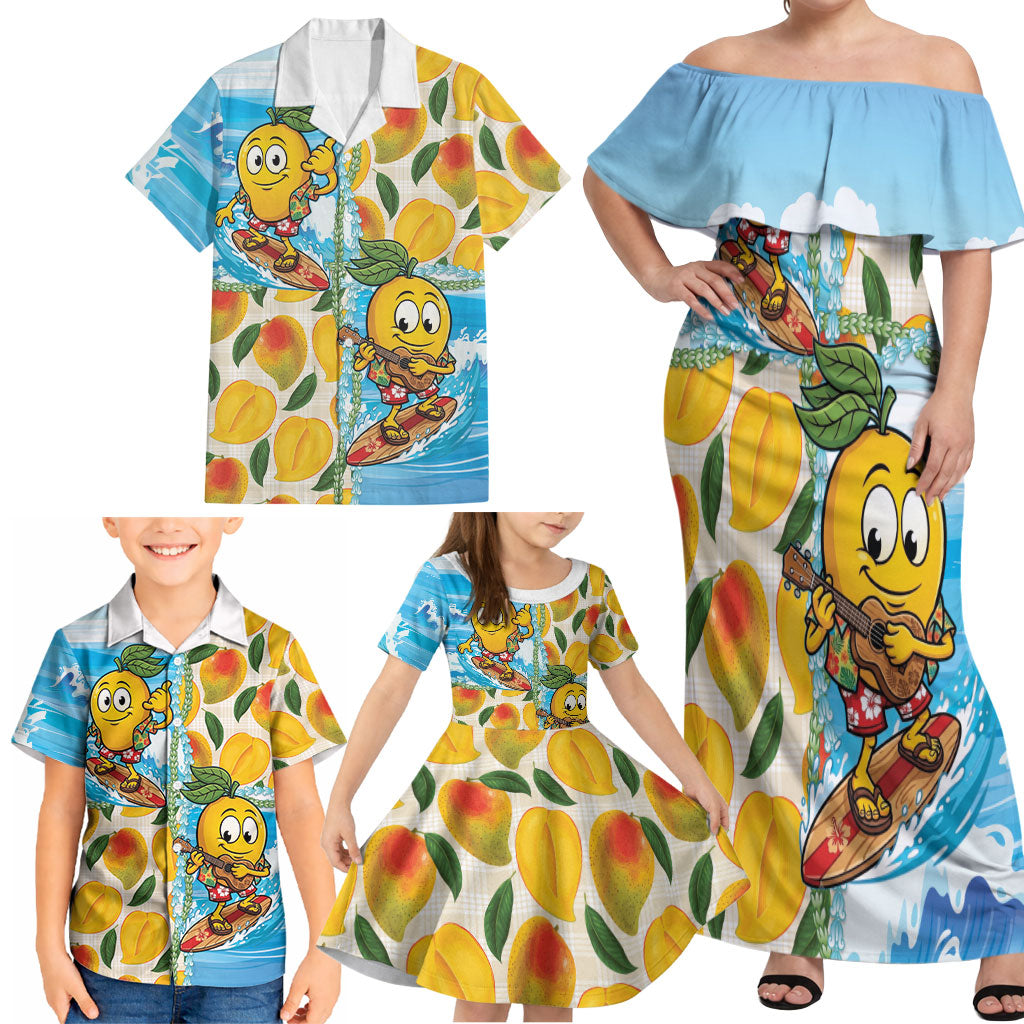 Aloha Hawaii Summer Family Matching Off Shoulder Maxi Dress and Hawaiian Shirt Hawaiian Lei Surfing Mango Palaka Motifs