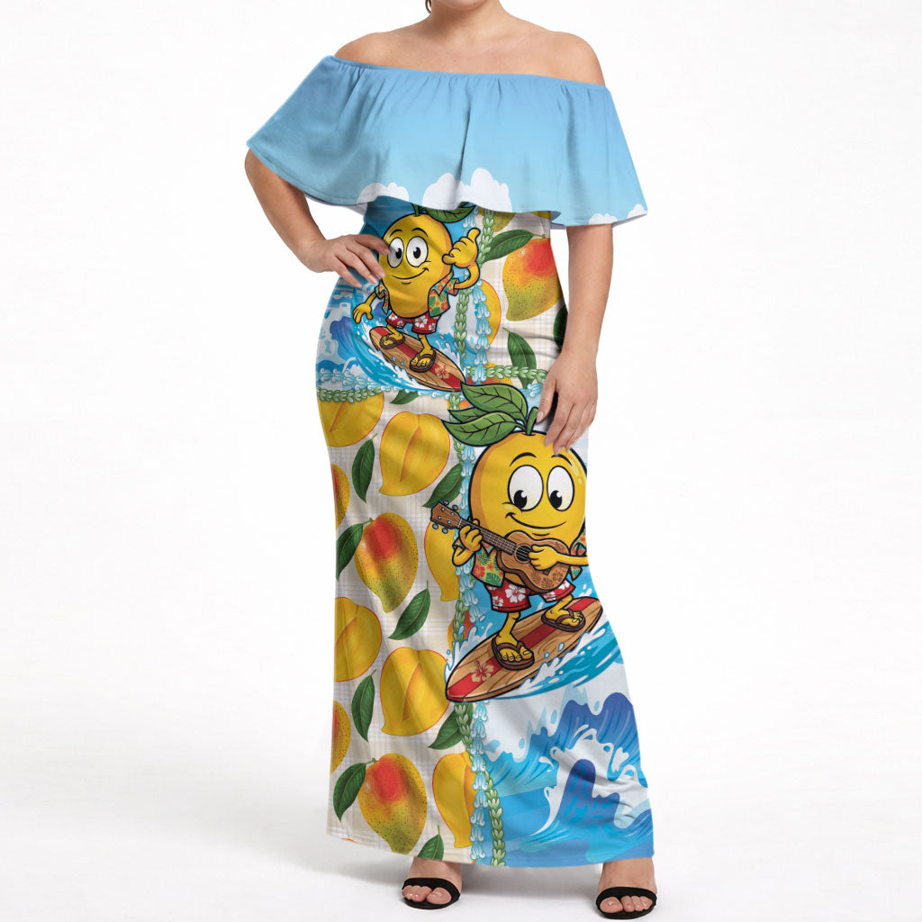 Aloha Hawaii Summer Off Shoulder Maxi Dress Hawaiian Lei Surfing Mango Palaka Motifs