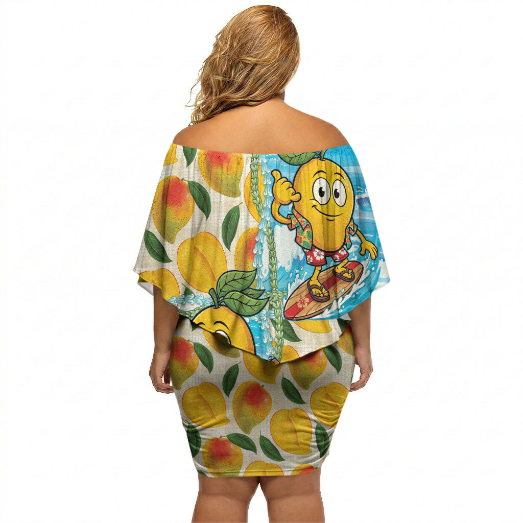 Aloha Hawaii Summer Off Shoulder Short Dress Hawaiian Lei Surfing Mango Palaka Motifs
