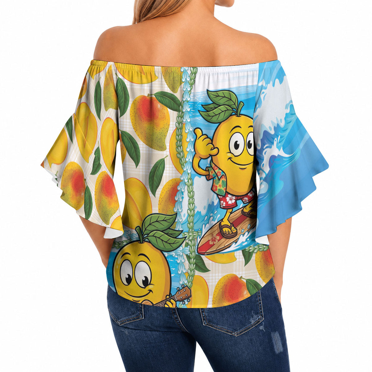 Aloha Hawaii Summer Off Shoulder Wrap Waist Top Hawaiian Lei Surfing Mango Palaka Motifs LT14 - Polynesian Pride
