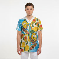 Aloha Hawaii Summer Scrub Top Hawaiian Lei Surfing Mango Palaka Motifs