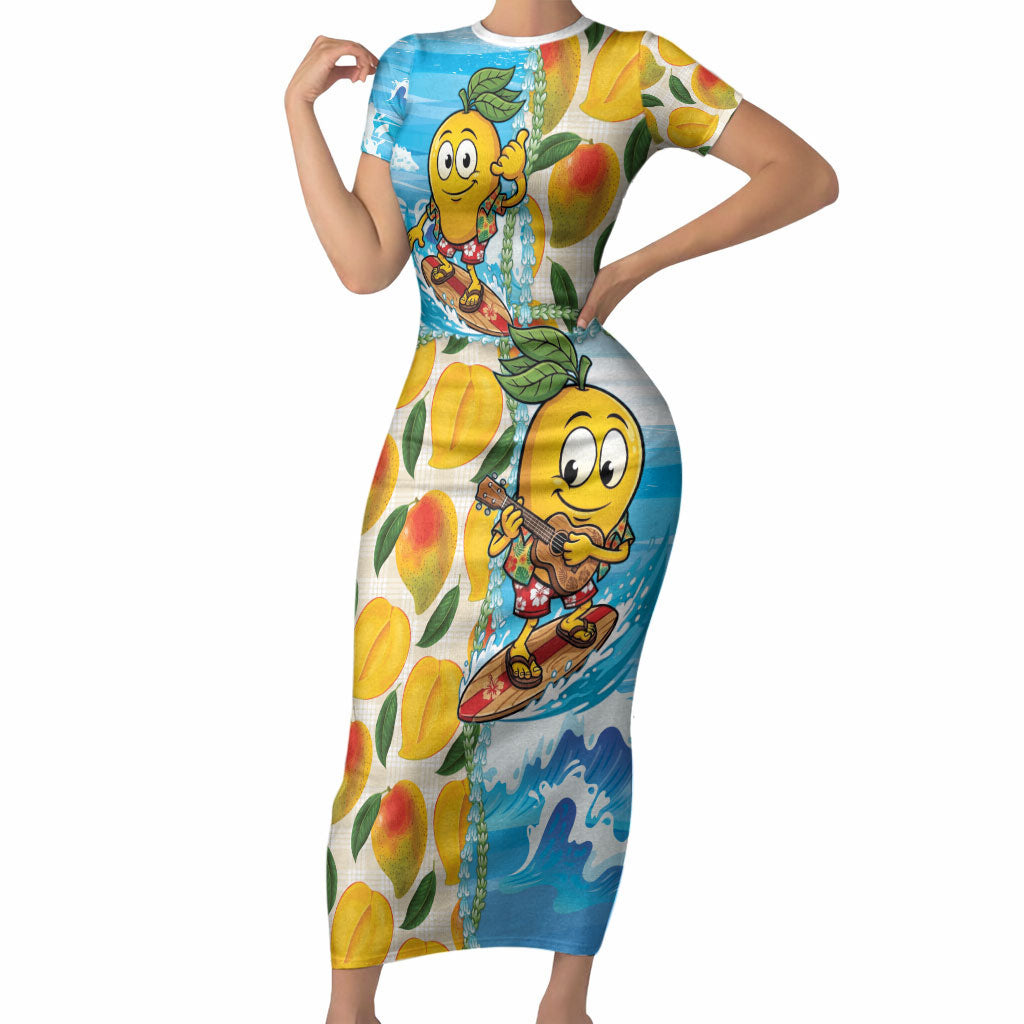 Aloha Hawaii Summer Short Sleeve Bodycon Dress Hawaiian Lei Surfing Mango Palaka Motifs