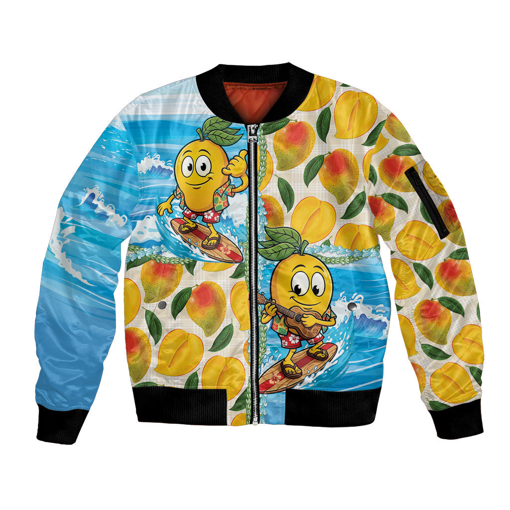 Aloha Hawaii Summer Sleeve Zip Bomber Jacket Hawaiian Lei Surfing Mango Palaka Motifs