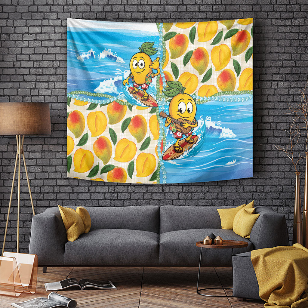 Aloha Hawaii Summer Tapestry Hawaiian Lei Surfing Mango Palaka Motifs LT14 Blue - Polynesian Pride