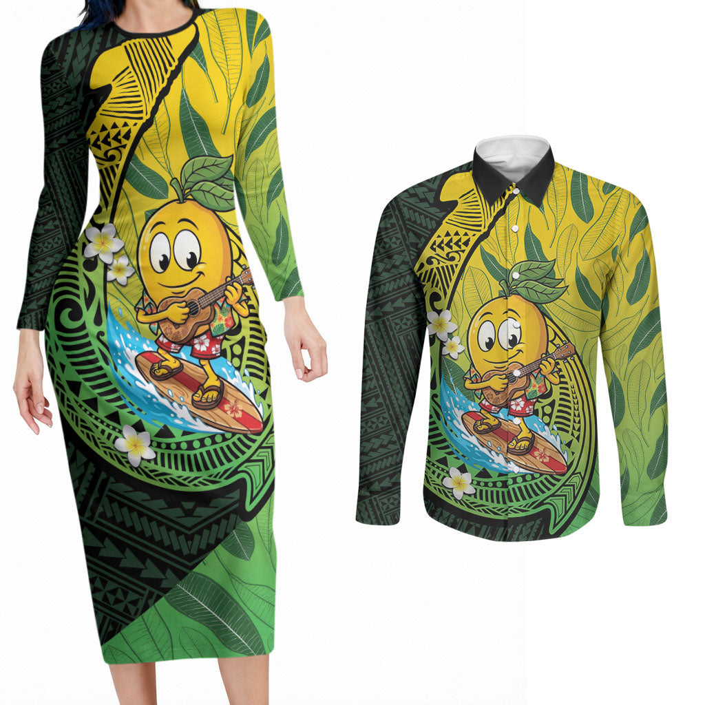 Hawaii Surfing Mango Couples Matching Long Sleeve Bodycon Dress and Long Sleeve Button Shirt Manako Polynesian Fish Hook