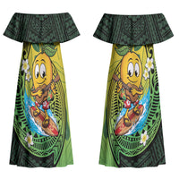Hawaii Surfing Mango Couples Matching Off Shoulder Maxi Dress and Long Sleeve Button Shirt Manako Polynesian Fish Hook
