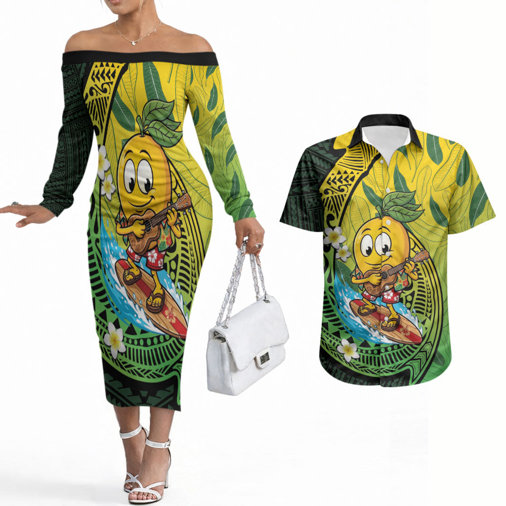 Hawaii Surfing Mango Couples Matching Off The Shoulder Long Sleeve Dress and Hawaiian Shirt Manako Polynesian Fish Hook