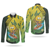 Hawaii Surfing Mango Couples Matching Off The Shoulder Long Sleeve Dress and Long Sleeve Button Shirt Manako Polynesian Fish Hook
