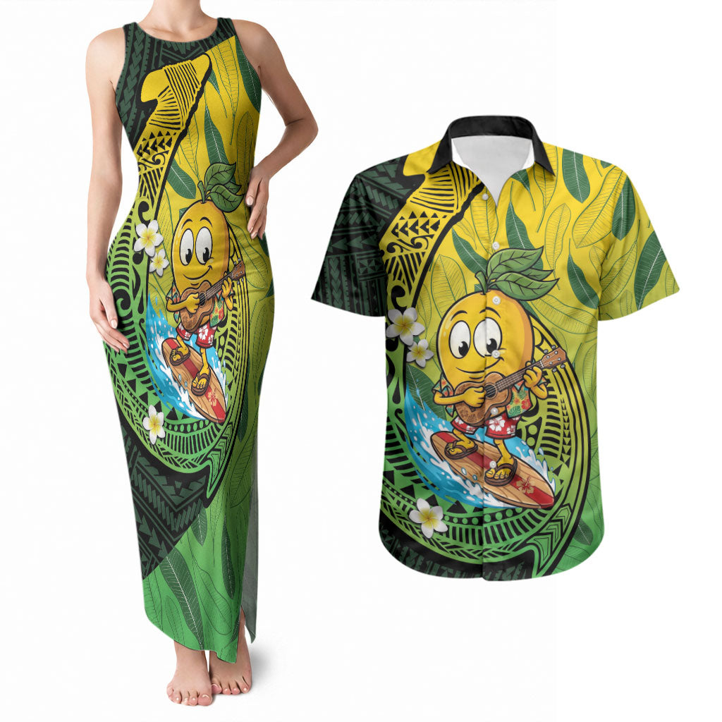 Hawaii Surfing Mango Couples Matching Tank Maxi Dress and Hawaiian Shirt Manako Polynesian Fish Hook