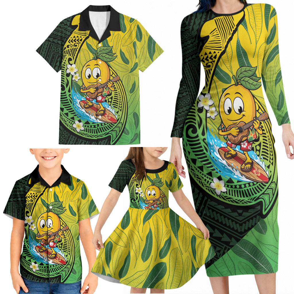 Hawaii Surfing Mango Family Matching Long Sleeve Bodycon Dress and Hawaiian Shirt Manako Polynesian Fish Hook