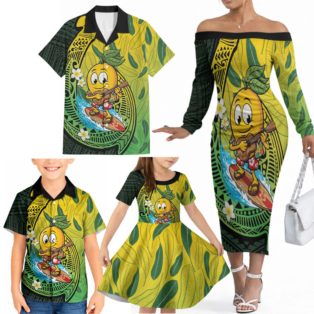 Hawaii Surfing Mango Family Matching Off The Shoulder Long Sleeve Dress and Hawaiian Shirt Manako Polynesian Fish Hook