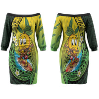 Hawaii Surfing Mango Family Matching Off The Shoulder Long Sleeve Dress and Hawaiian Shirt Manako Polynesian Fish Hook
