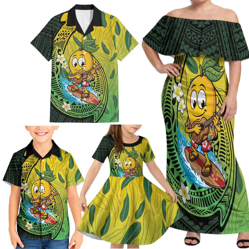 Hawaii Surfing Mango Family Matching Off Shoulder Maxi Dress and Hawaiian Shirt Manako Polynesian Fish Hook