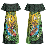 Hawaii Surfing Mango Family Matching Off Shoulder Maxi Dress and Hawaiian Shirt Manako Polynesian Fish Hook