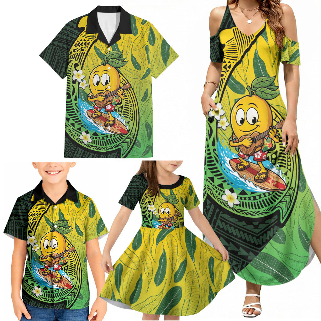 Hawaii Surfing Mango Family Matching Summer Maxi Dress and Hawaiian Shirt Manako Polynesian Fish Hook