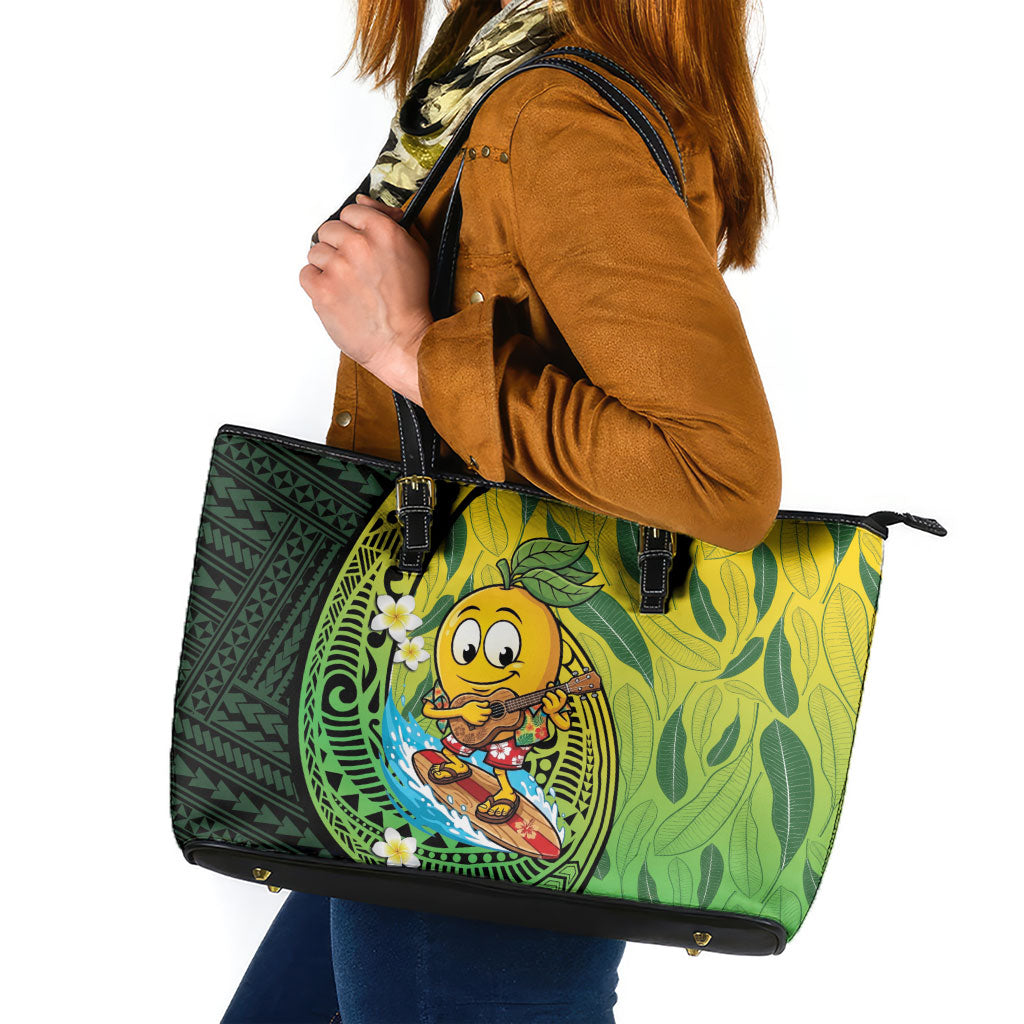 Hawaii Surfing Mango Leather Tote Bag Manako Polynesian Fish Hook